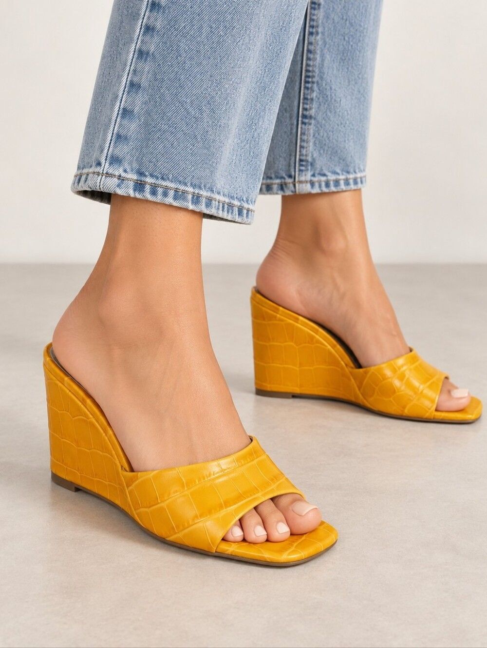 Black Suede Studio Croc Embossed Leather Wedge Mules Yellow EU 38